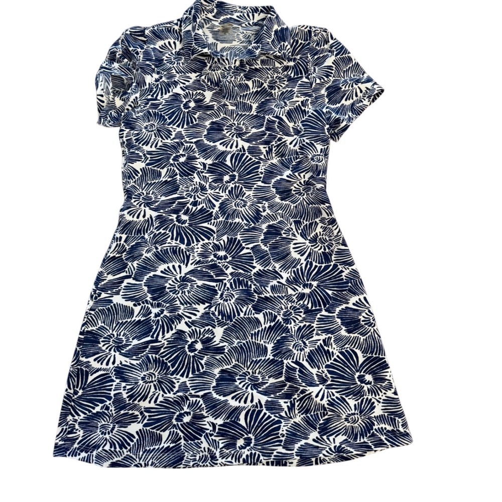 Maui Gold Navy White Floral Shift Dress Mesium Tropical Resort Wear Coastal Chic - Picture 1 of 3